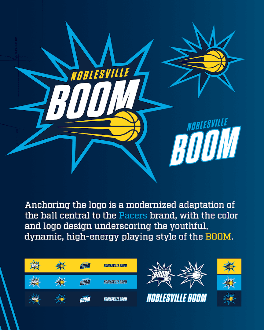Anchoring the logo is a modernized adaptation of the ball central to the Pacers brand, with the color and logo design underscoring the youthful, dynamic, high-energy playing style of the BOOM.